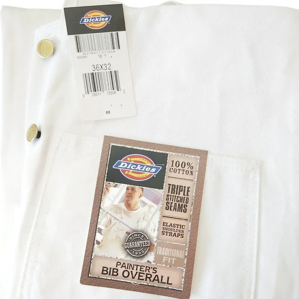 DICKIES Traditional Fit white classic denim Painters Bib Overalls Sz 36 x 32 NEW